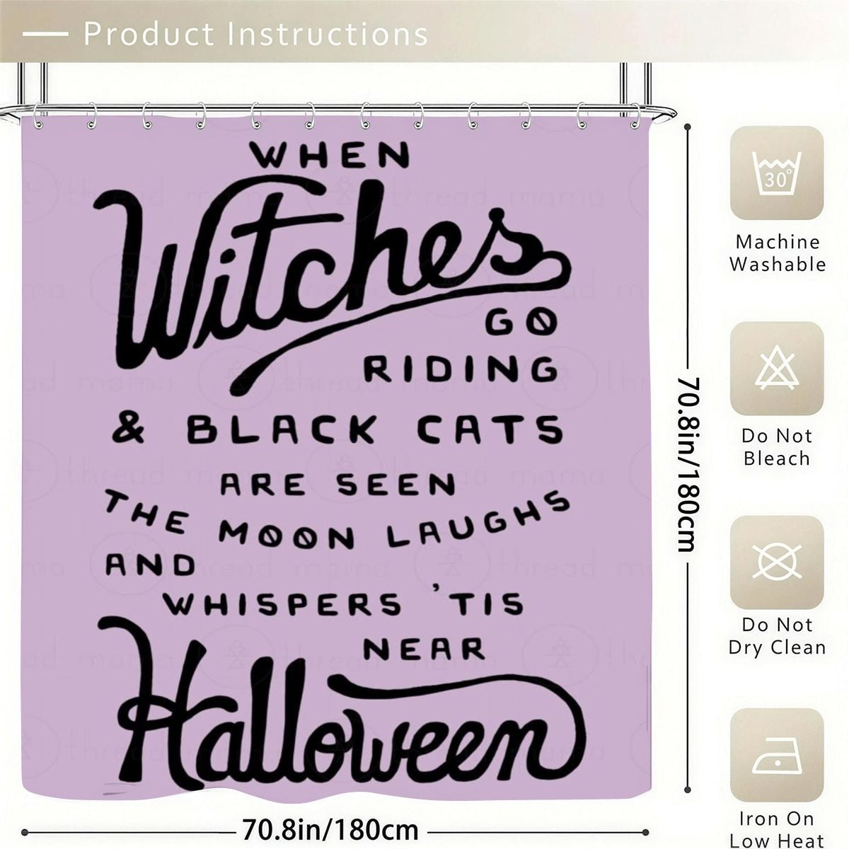 Purple Halloween shower curtain with spooky witch and black cat typography.