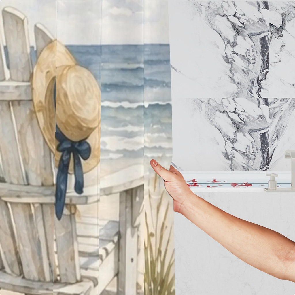 Sandy Beach bathroom decor shower curtain with ocean wave design hanging in a modern bathroom setting