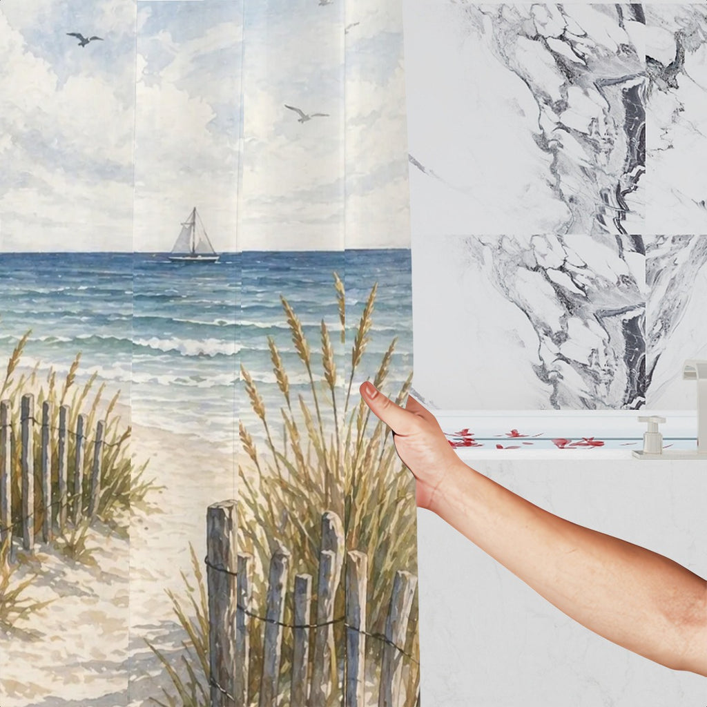 Sandy Beach bathroom decor shower curtain with ocean wave pattern hanging in a modern shower stall