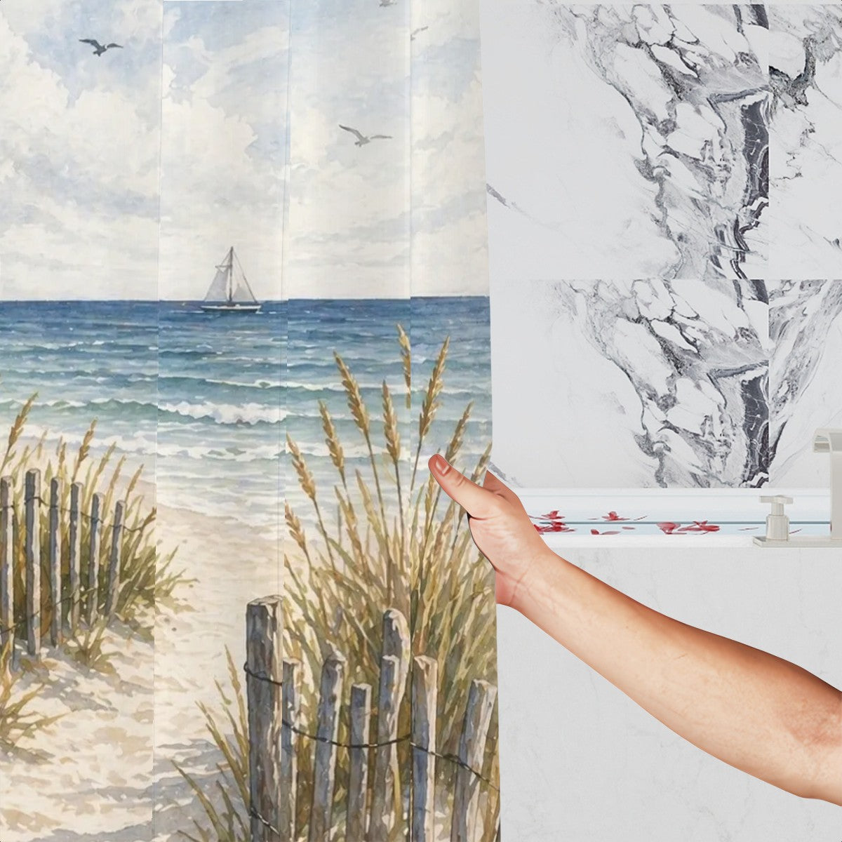 Sandy Beach bathroom decor shower curtain with ocean wave pattern hanging in a modern shower stall