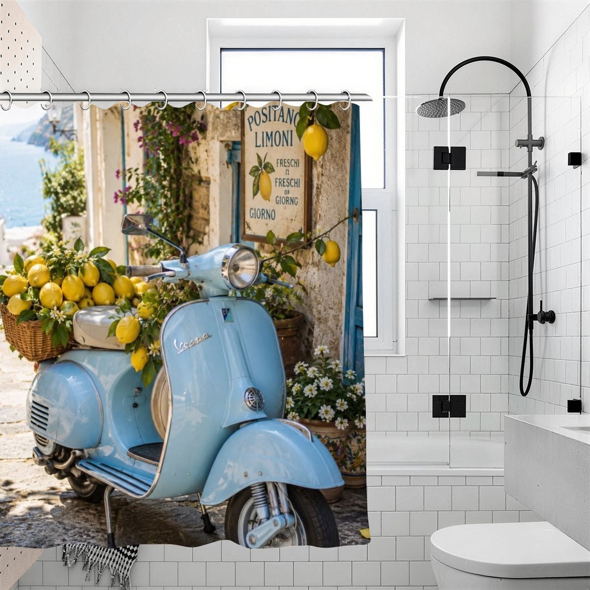 Italian coastal themed shower curtain featuring a light blue vintage scooter and lemons.