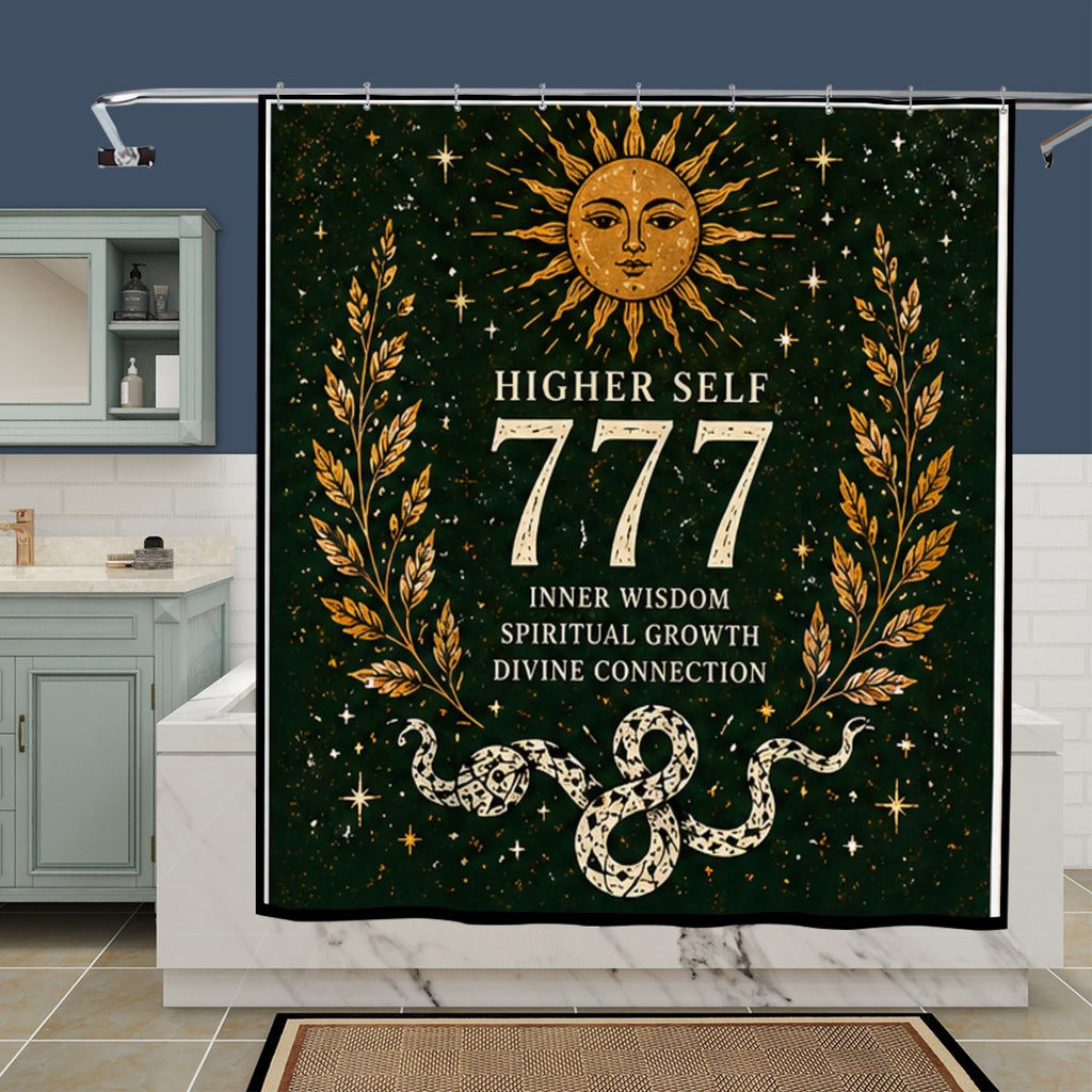Sandy Beach 777 Angel Number shower curtain with celestial snake design, spiritual growth bathroom decor, boho style for higher self awakening
