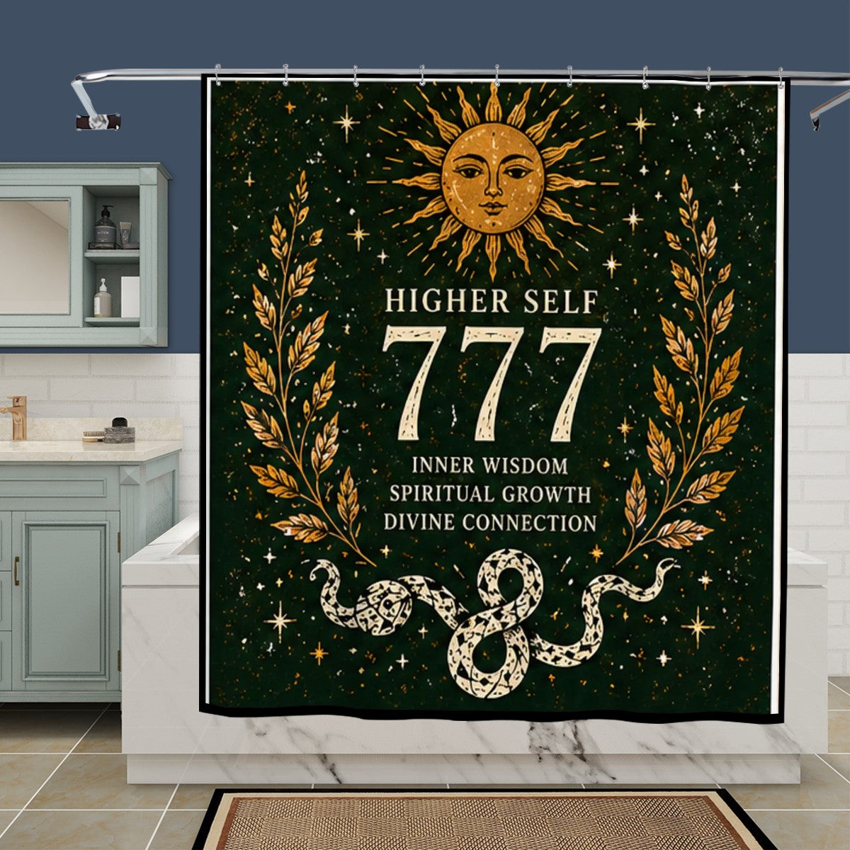 Sandy Beach 777 Angel Number shower curtain with celestial snake design, spiritual growth bathroom decor, boho style for higher self awakening