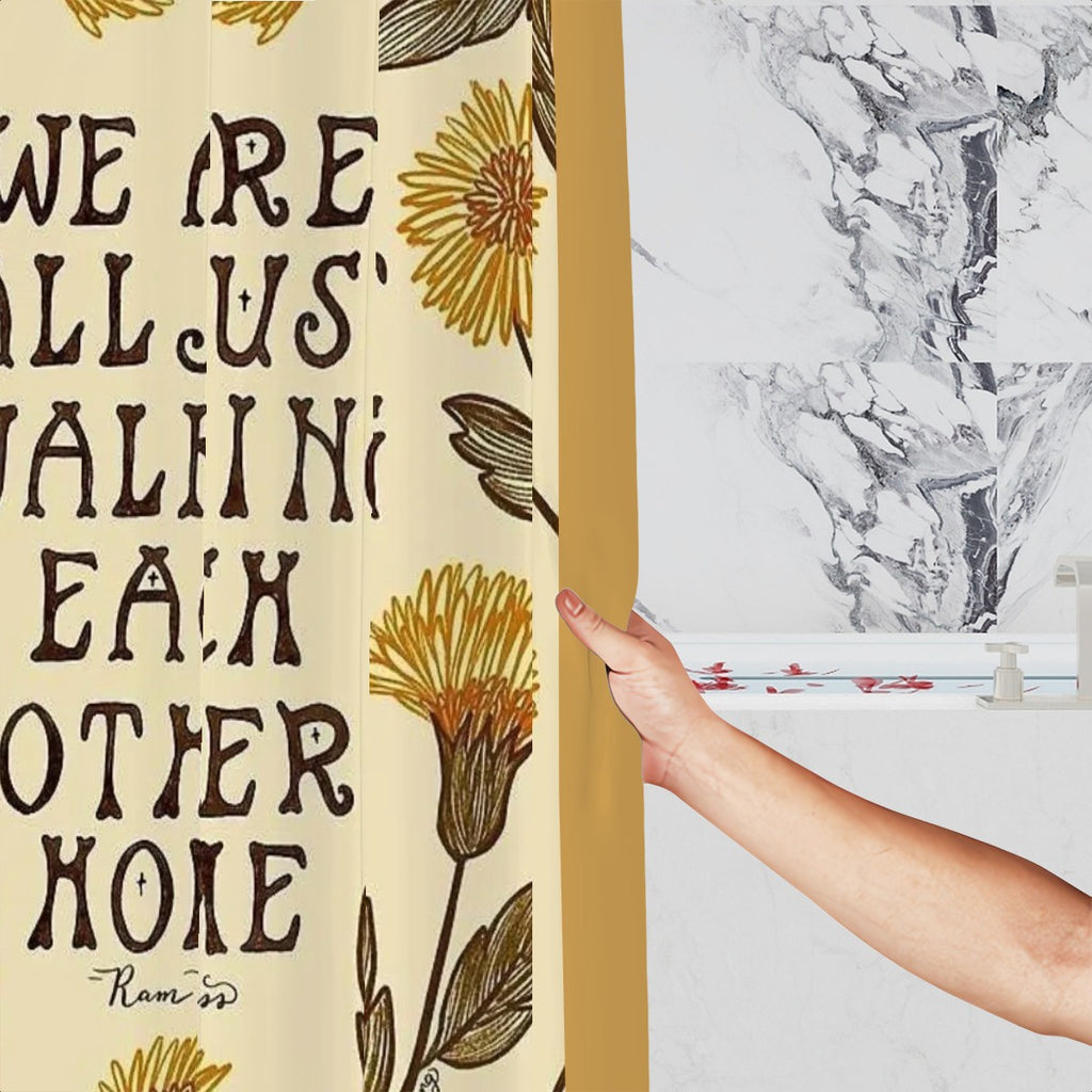 Cream shower curtain with yellow sunflower illustrations and inclusive typography.