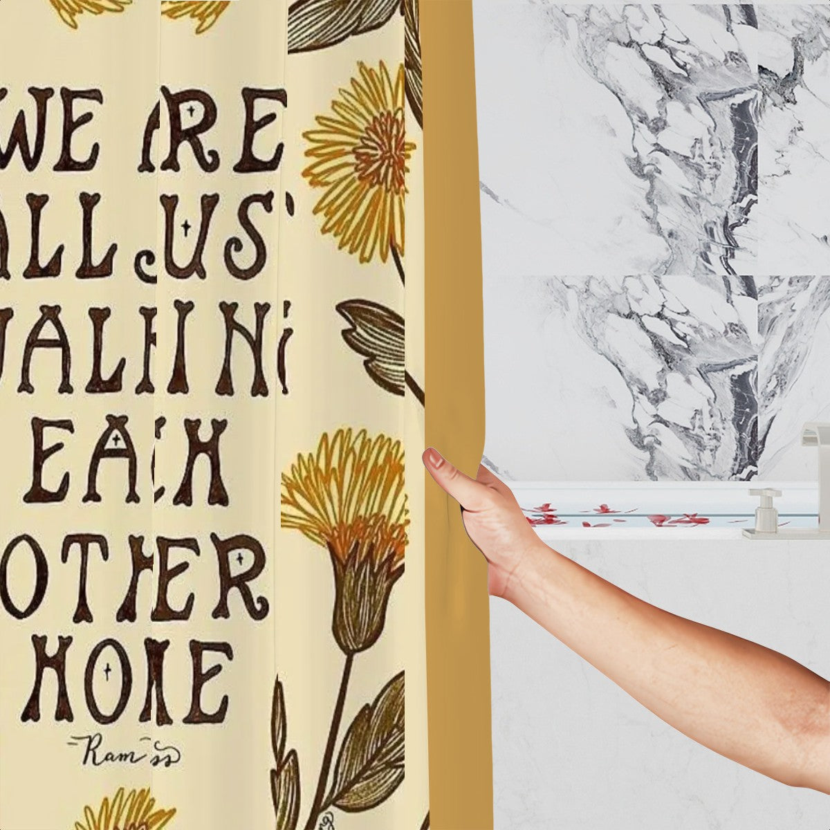 Cream shower curtain with yellow sunflower illustrations and inclusive typography.