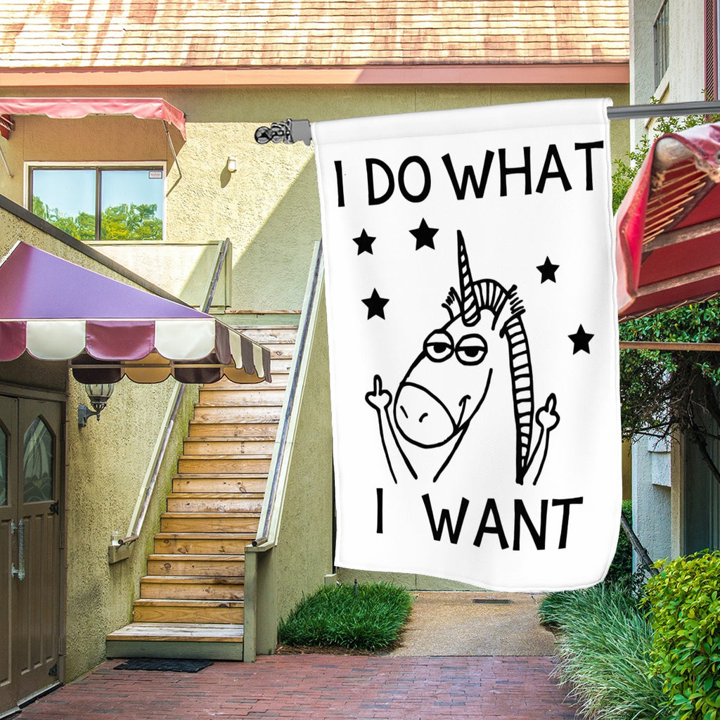 Colorful unicorn garden flag with "I Do What I Want" message, perfect for garden decor, by Sandy Beach.