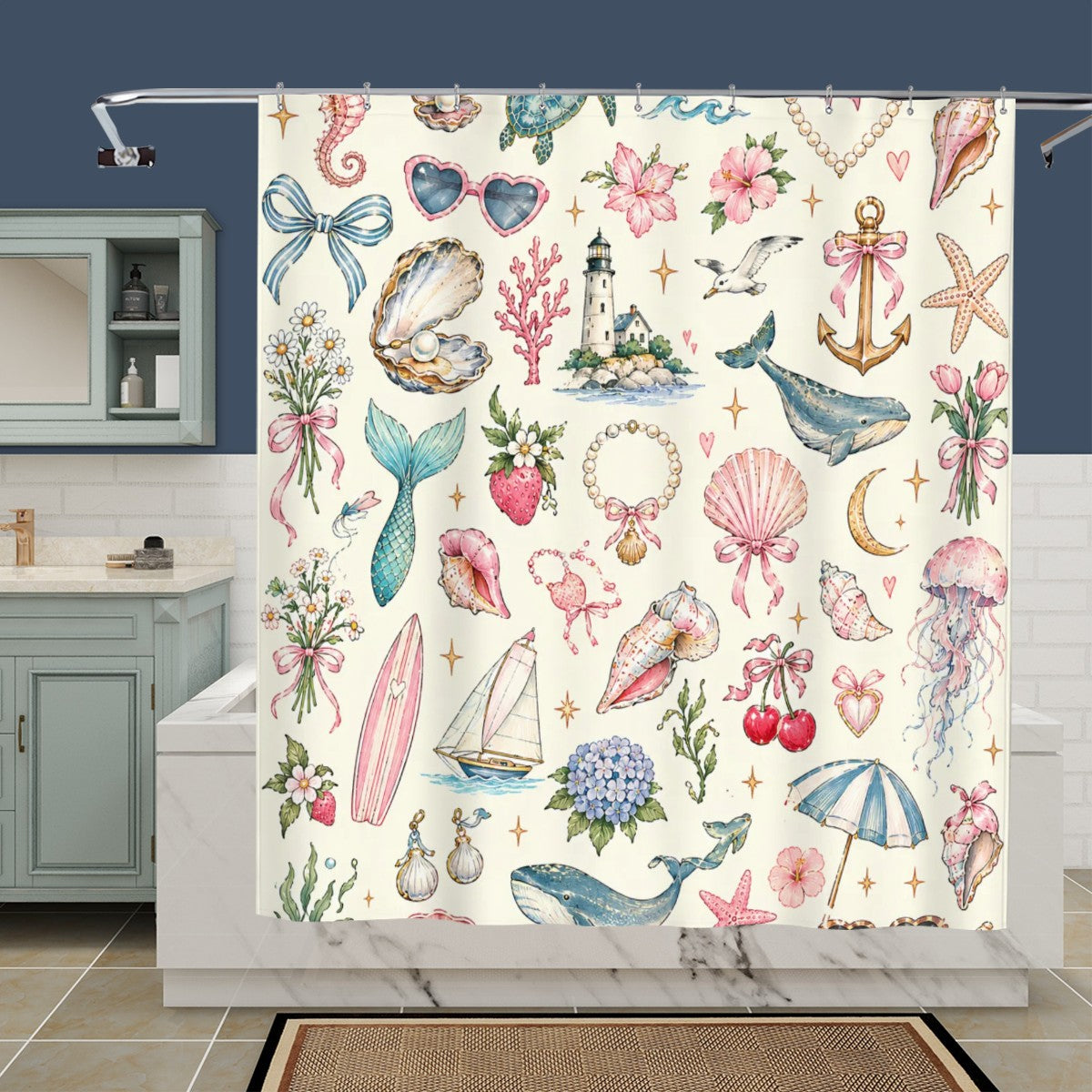 Pastel Seashell Shower Curtain - 72" x 72" Coastal Botanical Illustration