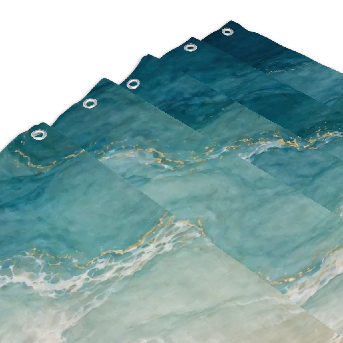Sandy Beach bathroom decor shower curtain with ocean wave design hanging in a modern bathroom setting.
