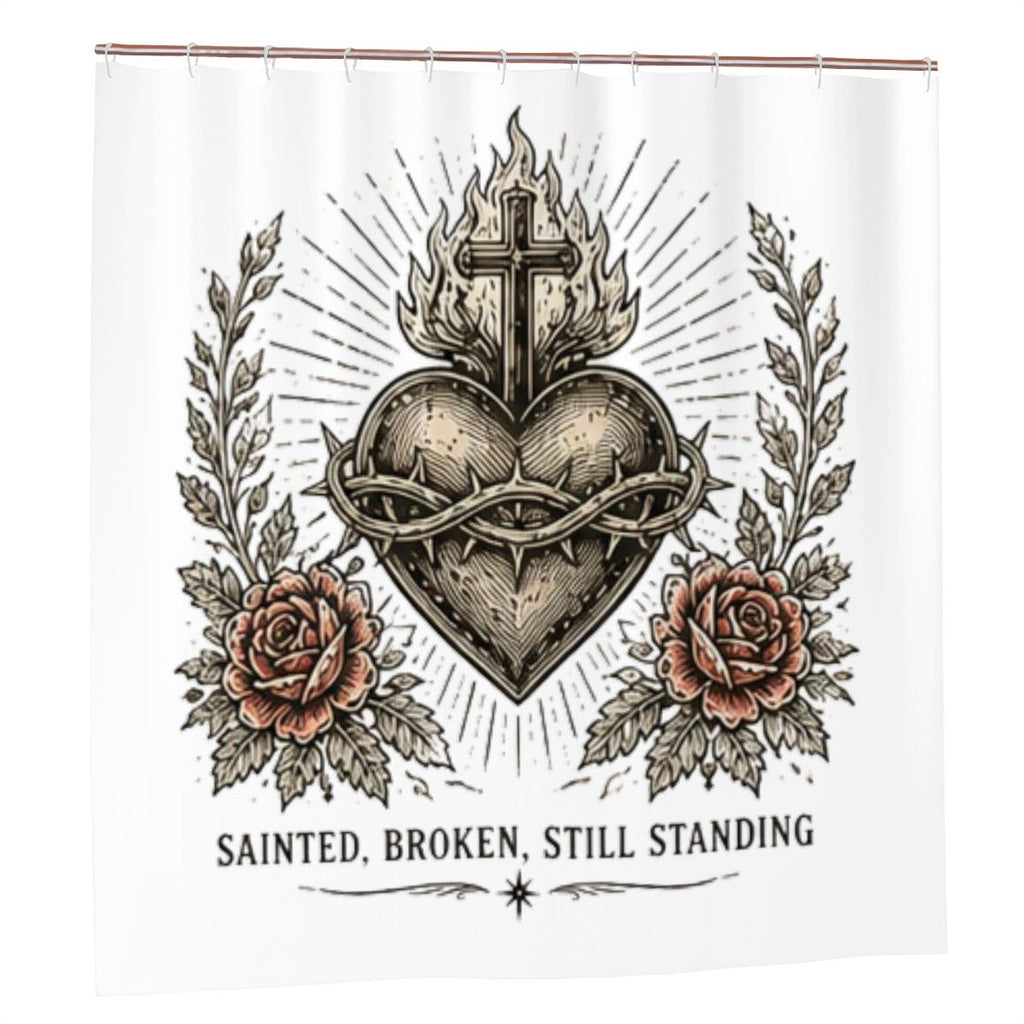 Sainted Broken Still Standing Shower Curtain – Sacred Heart Cross Rose Tattoo Bathroom Decor