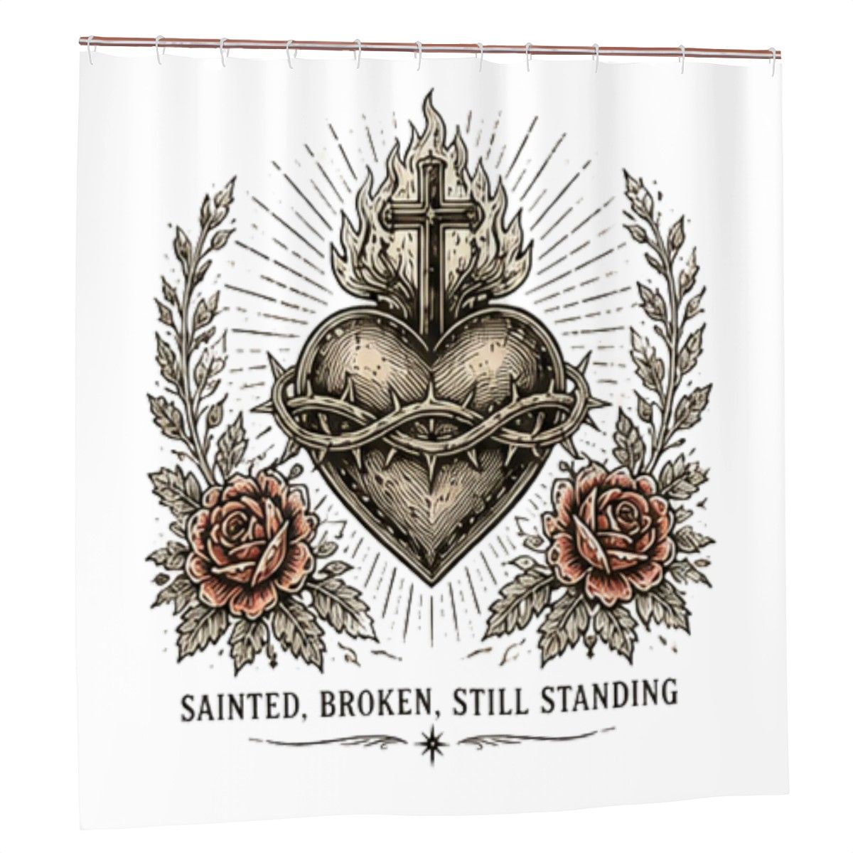 Sainted Broken Still Standing Shower Curtain – Sacred Heart Cross Rose Tattoo Bathroom Decor