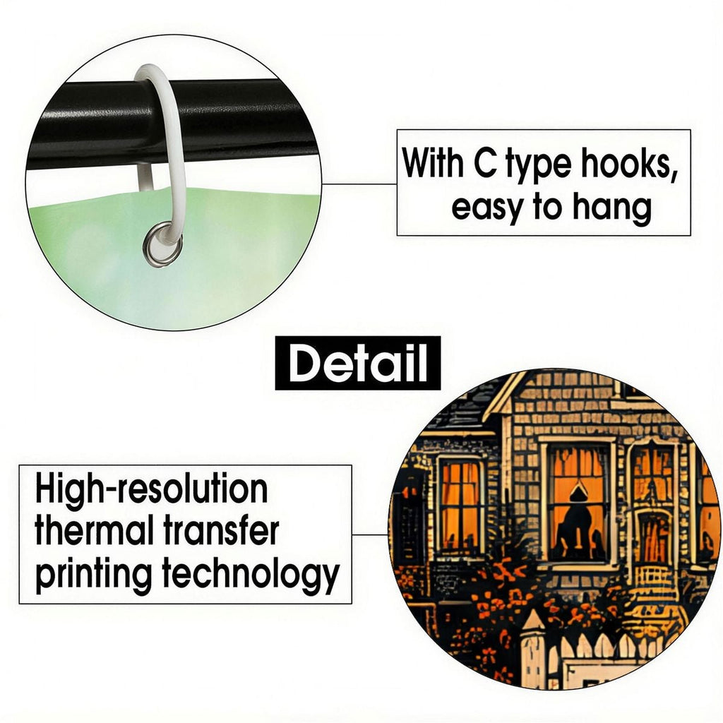 Close-up details of C-type shower curtain hooks and high-resolution thermal transfer print.