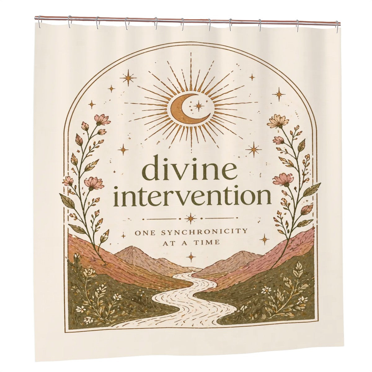 Divine Path shower curtain with celestial landscape design, featuring spiritual imagery for bathroom decor by Sandy Beach.