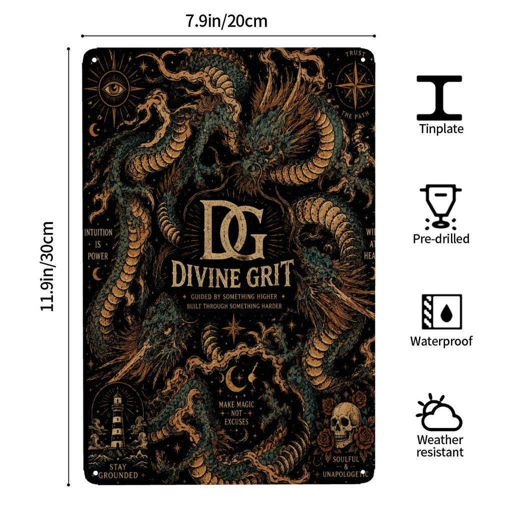 Divine Grit decorative tinplate sign featuring a detailed mystical dragon and celestial motifs.