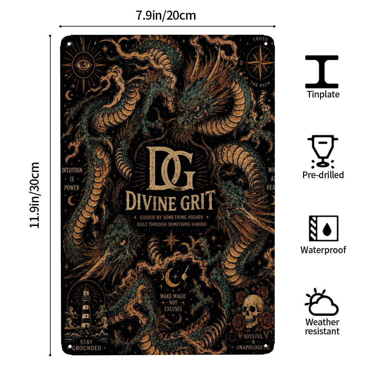 Divine Grit decorative tinplate sign featuring a detailed mystical dragon and celestial motifs.