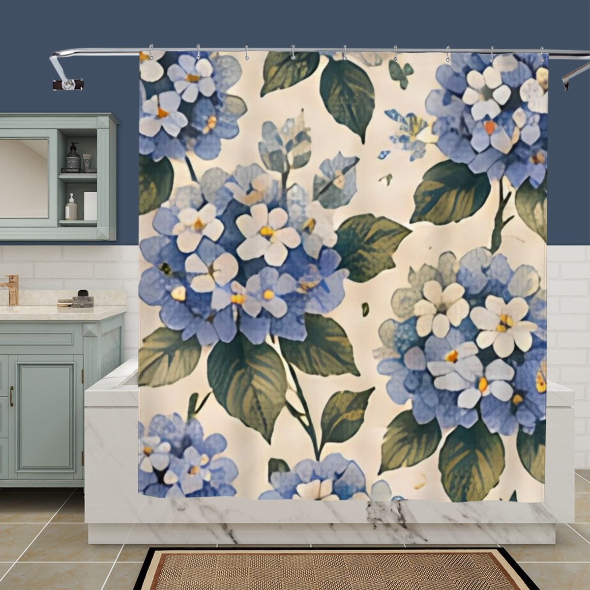 Blue and white hydrangea floral pattern shower curtain in a modern bathroom.