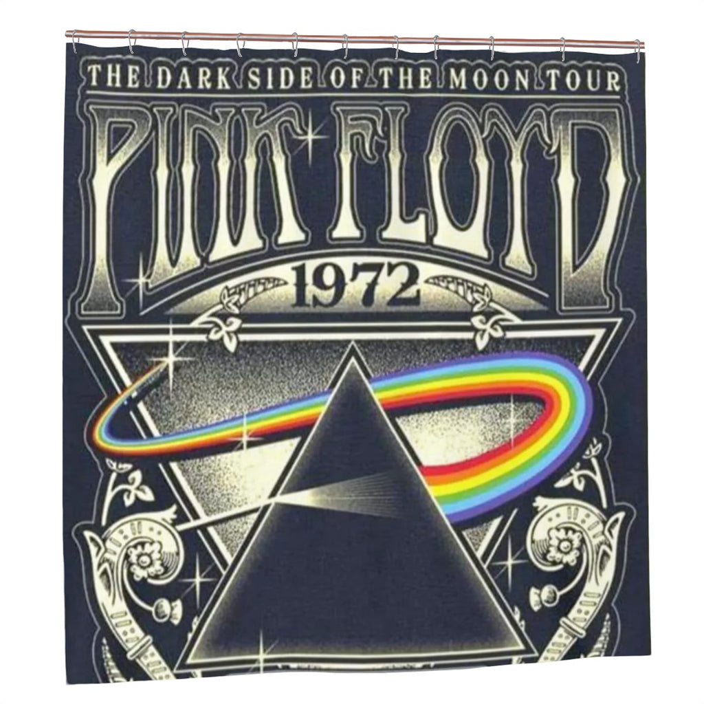 Pink Floyd Dark Side Prism shower curtain featuring colorful geometric design for bathroom decor by Sandy Beach.