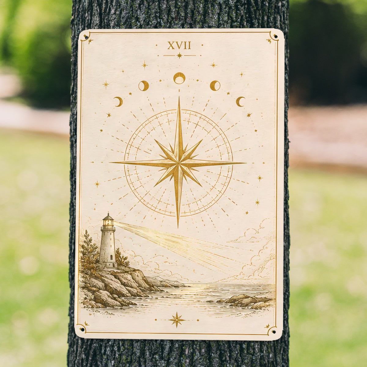 Celestial wood garden flag featuring a lighthouse, compass rose, and moon phases.