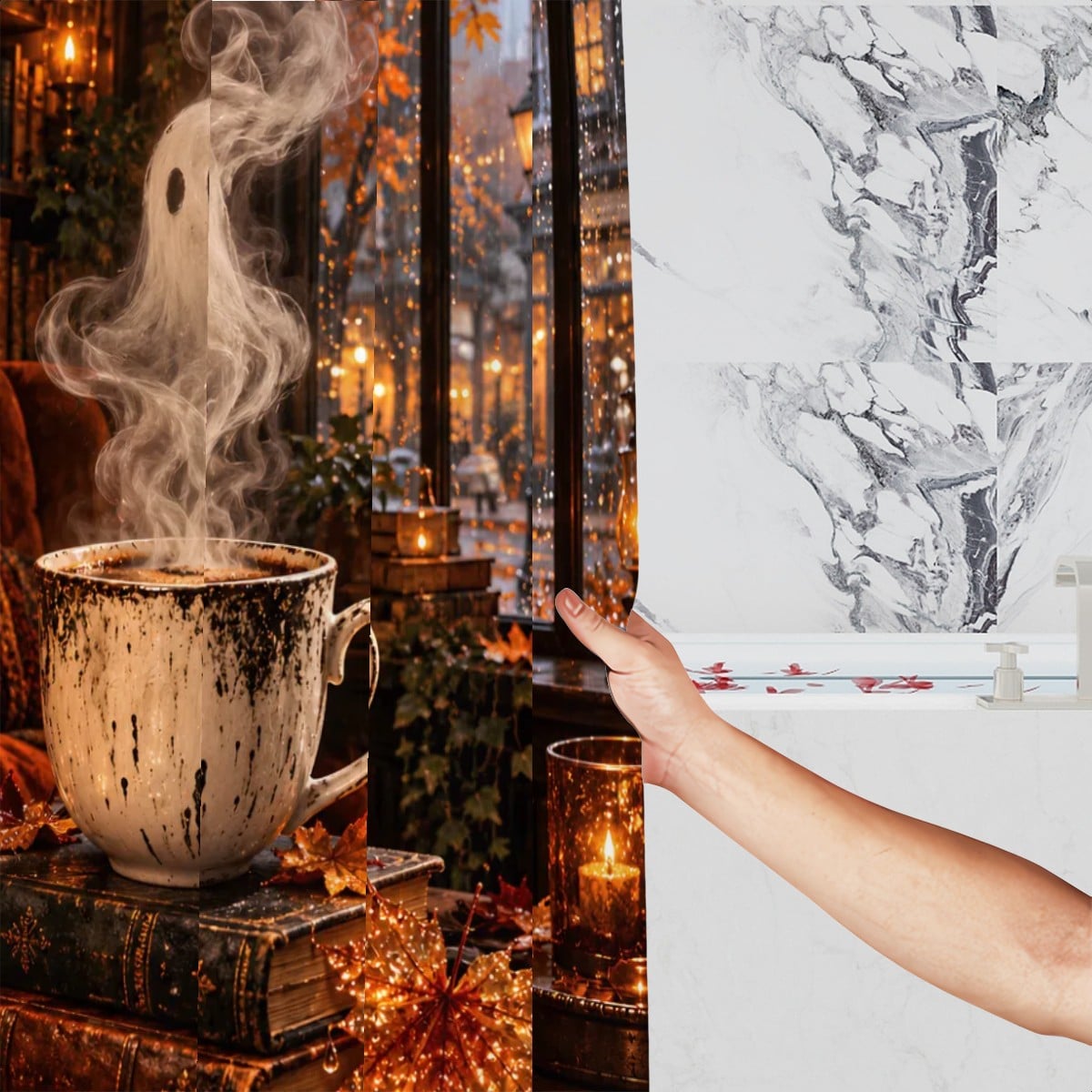 Coffee Ghost Shower Curtain - 72" x 72" Cute Halloween Open Door Print