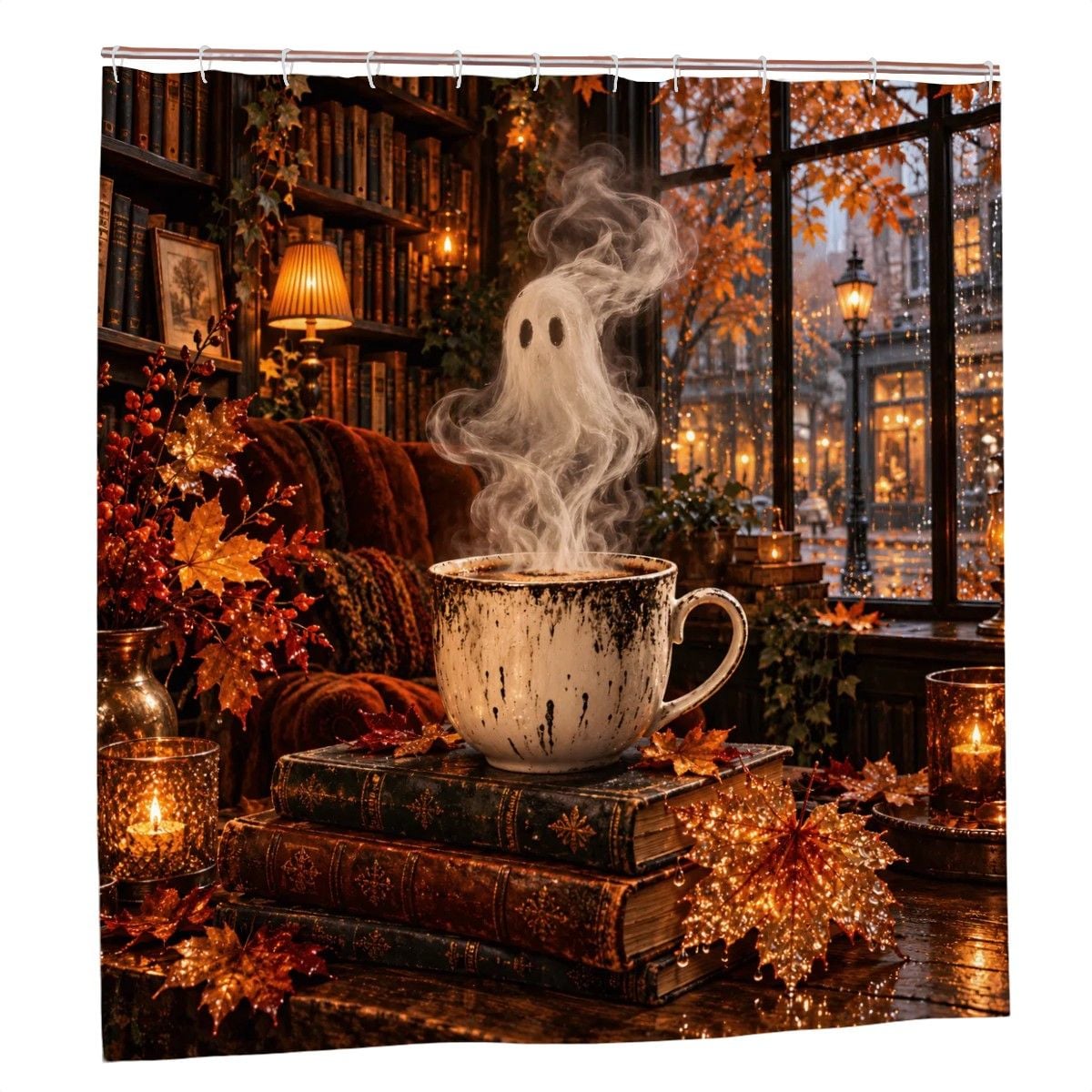 Coffee Ghost Shower Curtain - 72" x 72" Cute Halloween Open Door Print