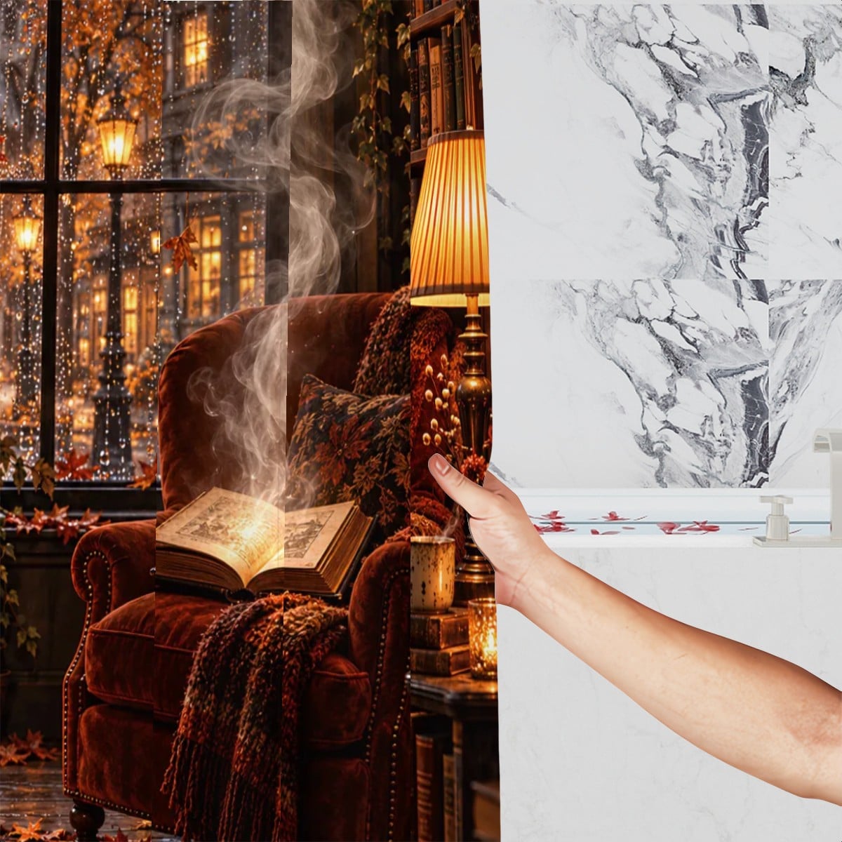 Ghost with Coffee Shower Curtain - 72" x 72" Autumn Doorway Halloween Decor