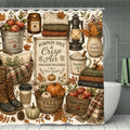 Autumn themed shower curtain with pumpkins, apples, cozy sweaters, and fall leaves decor.