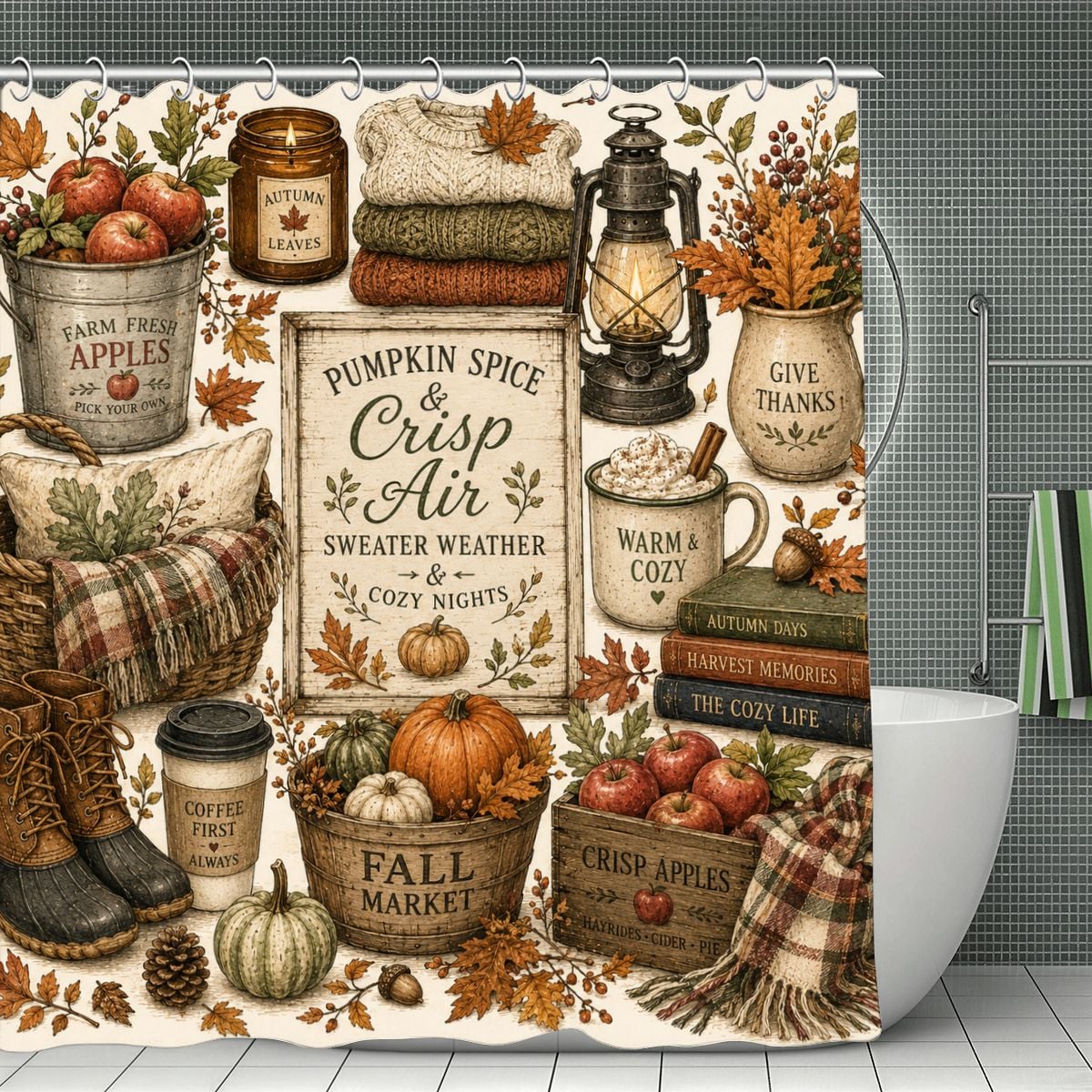 Autumn themed shower curtain with pumpkins, apples, cozy sweaters, and fall leaves decor.