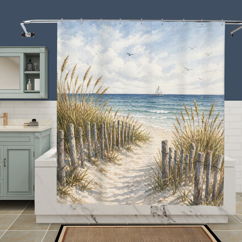 Sandy Beach bathroom shower curtain with ocean-inspired design, hanging in a modern bathroom for stylish decor.