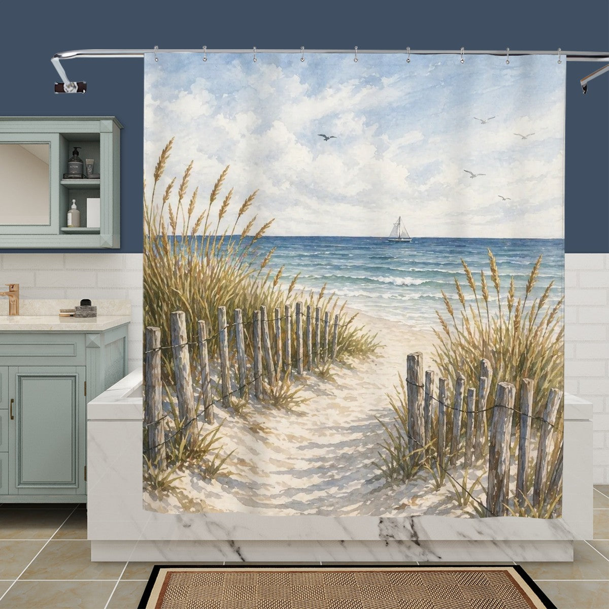 Sandy Beach bathroom shower curtain with ocean-inspired design, hanging in a modern bathroom for stylish decor.