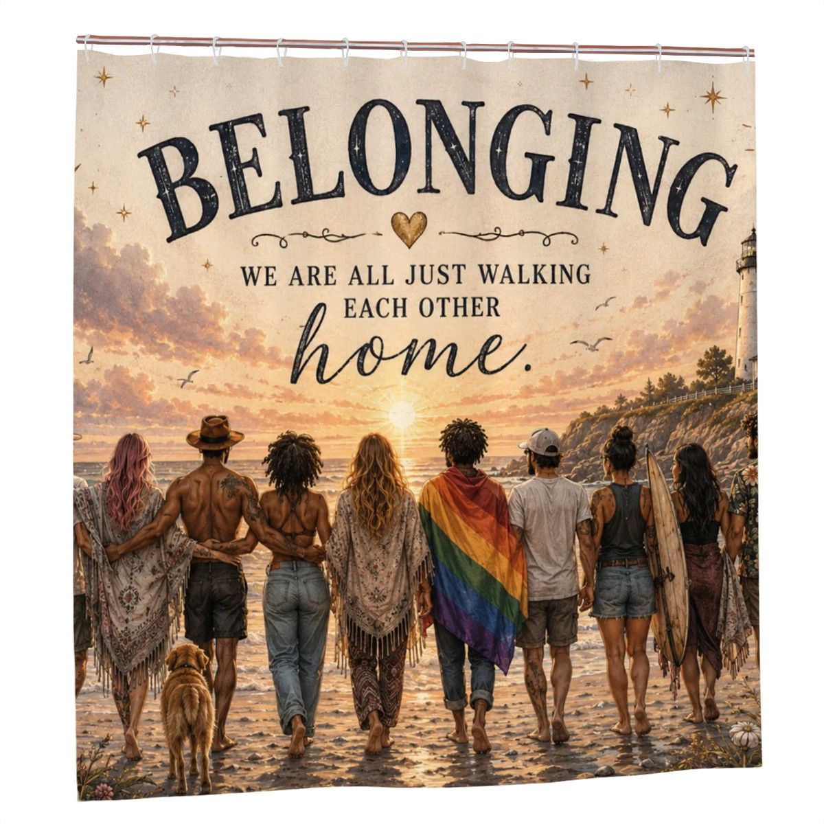 "Belonging" Coastal Sunset Shower Curtain