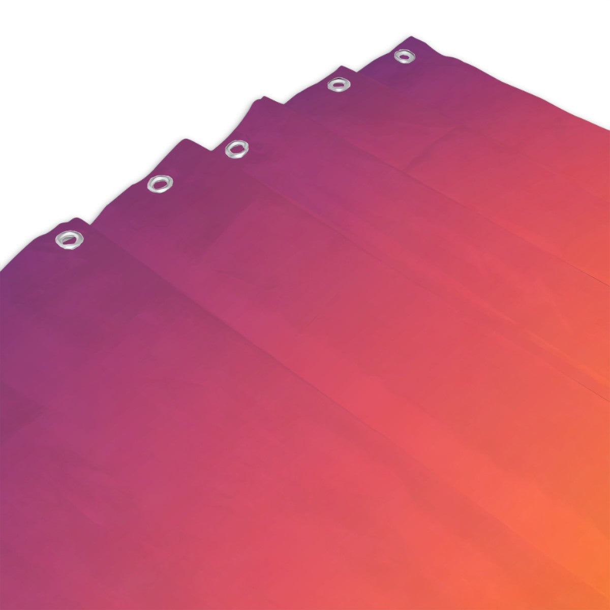 Pink and orange gradient shower curtain with silver metal grommets.