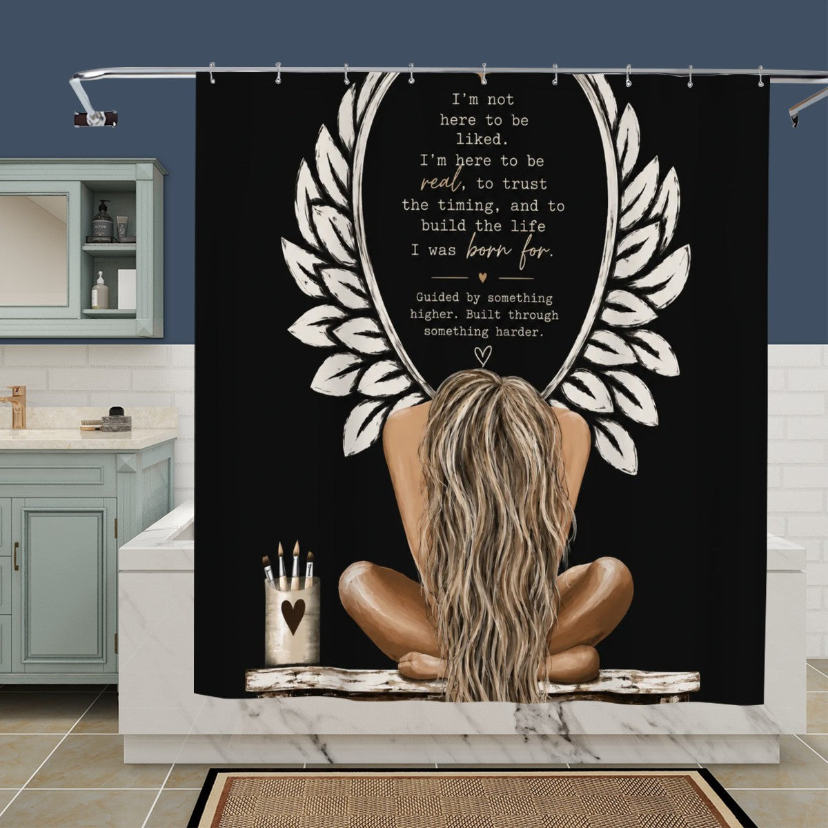 Black shower curtain featuring a woman with long blonde hair and an inspirational quote.