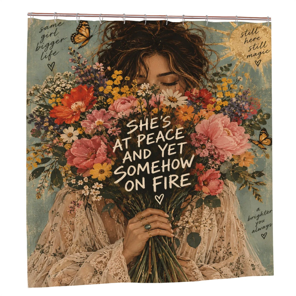 At Peace and Yet On Fire Shower Curtain - 72" x 72" Floral Woman Art