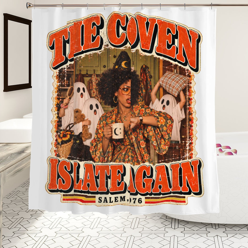 The Coven Is Late Again Shower Curtain - 72" x 72" Retro Halloween Witch Print