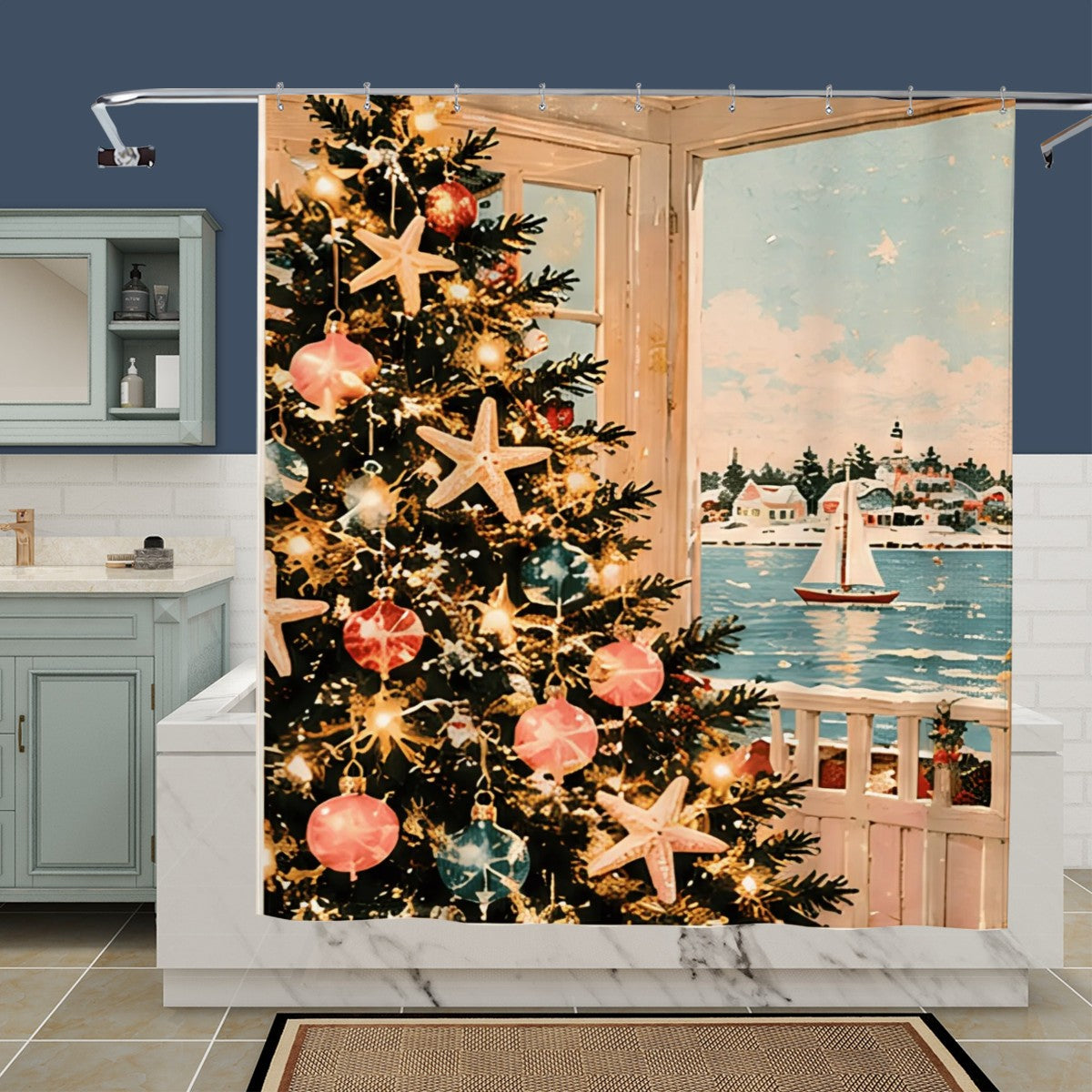 Coastal Christmas Tree Shower Curtain | Starfish Ornaments & Harbor View
