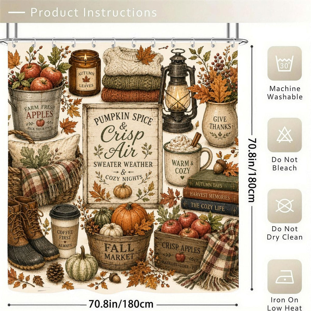 Autumn themed shower curtain with pumpkin spice, apples, sweaters, and cozy fall decor elements.