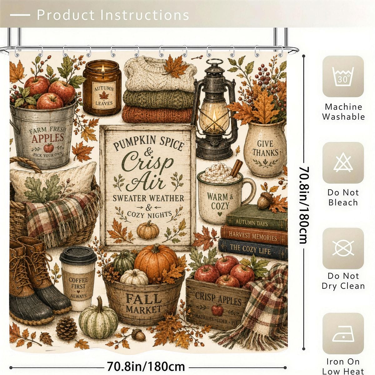 Autumn themed shower curtain with pumpkin spice, apples, sweaters, and cozy fall decor elements.