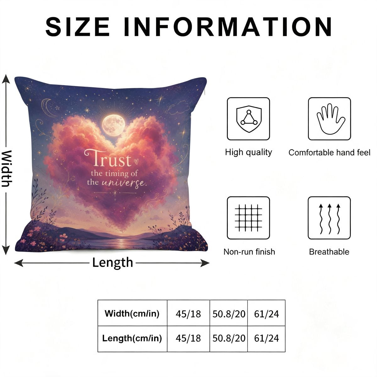 Decorative throw pillow with pink cloud heart and cosmic universe quote and size chart.
