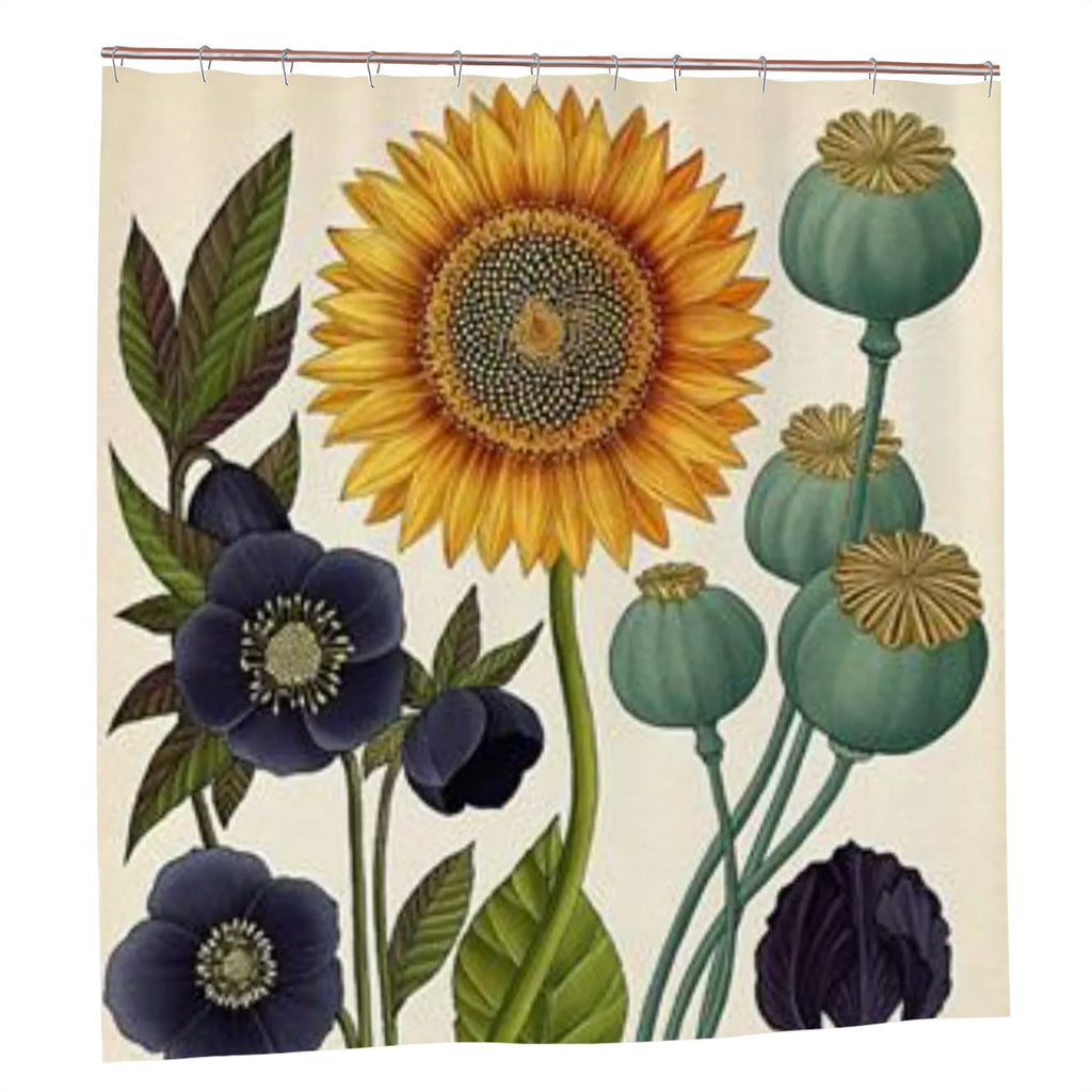 Vintage Botanical shower curtain with floral design, Sandy Beach bathroom decor, hanging on a shower rod in a bathroom setting.