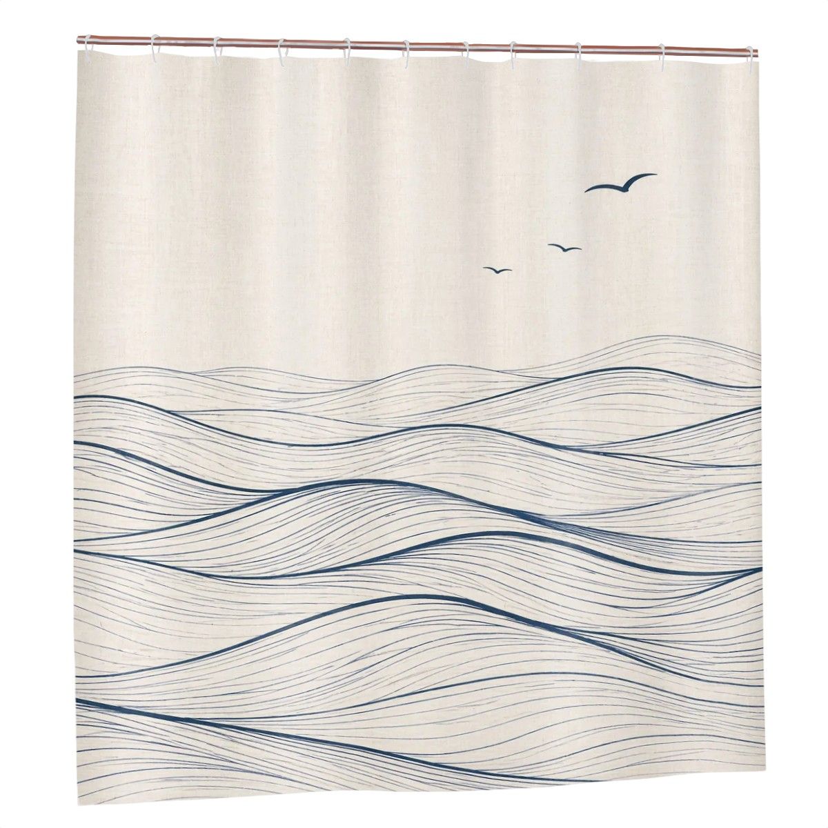 Sandy Beach bathroom decor shower curtain with ocean wave design hanging in a modern shower area