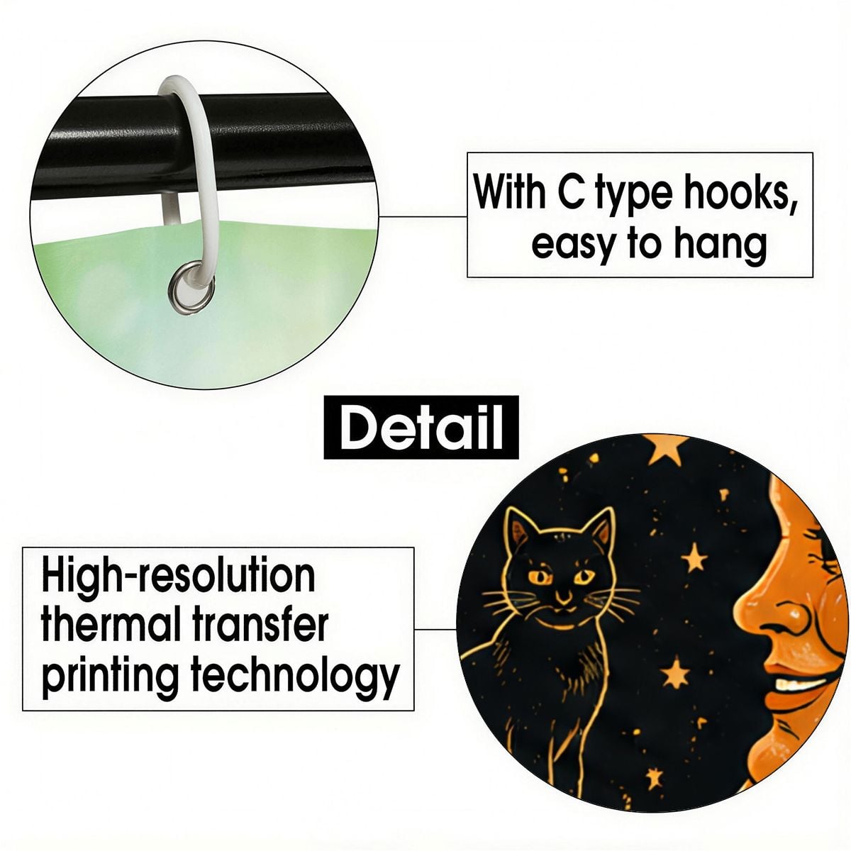 Detail view of C-type shower curtain hooks and high-resolution celestial cat print.