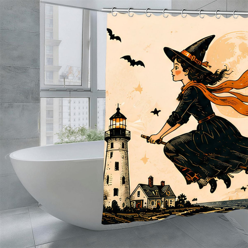 Halloween shower curtain featuring a witch flying on a broomstick past a lighthouse and full moon.