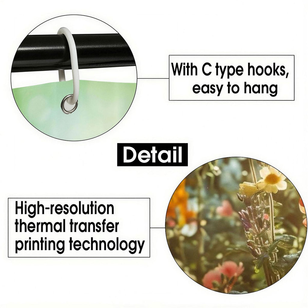 Detail view of C-type hanging hooks and high-resolution floral thermal transfer printing.