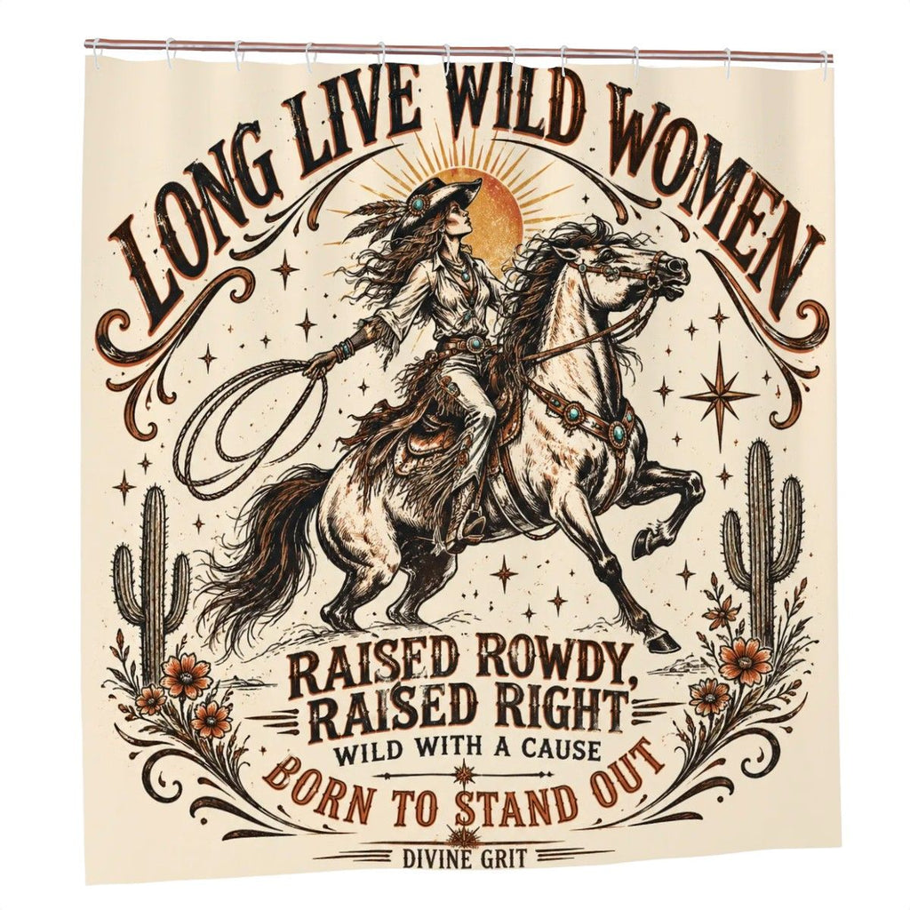 Western style shower curtain featuring a cowgirl riding a horse with wild woman typography.