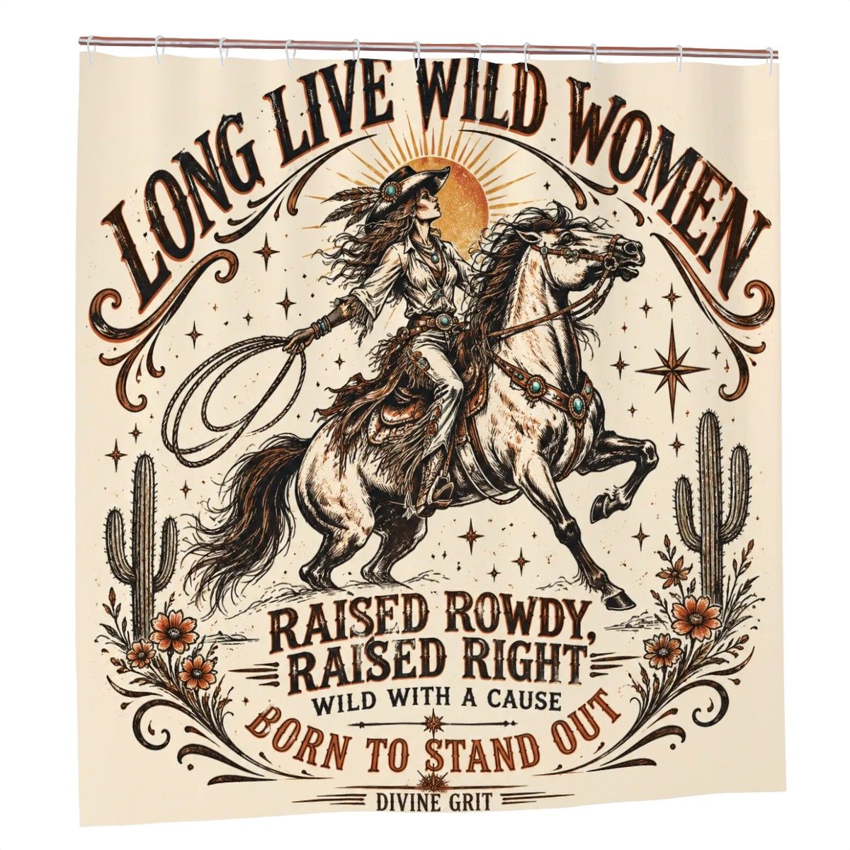Western style shower curtain featuring a cowgirl riding a horse with wild woman typography.