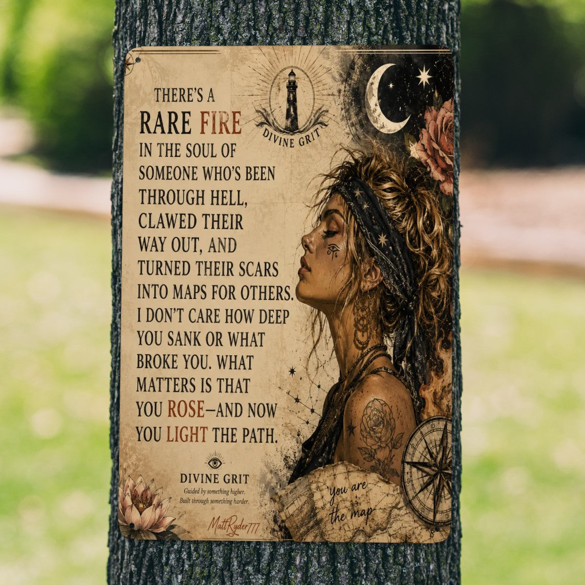 Inspirational garden flag with a woman's profile and motivational quote on a tree.