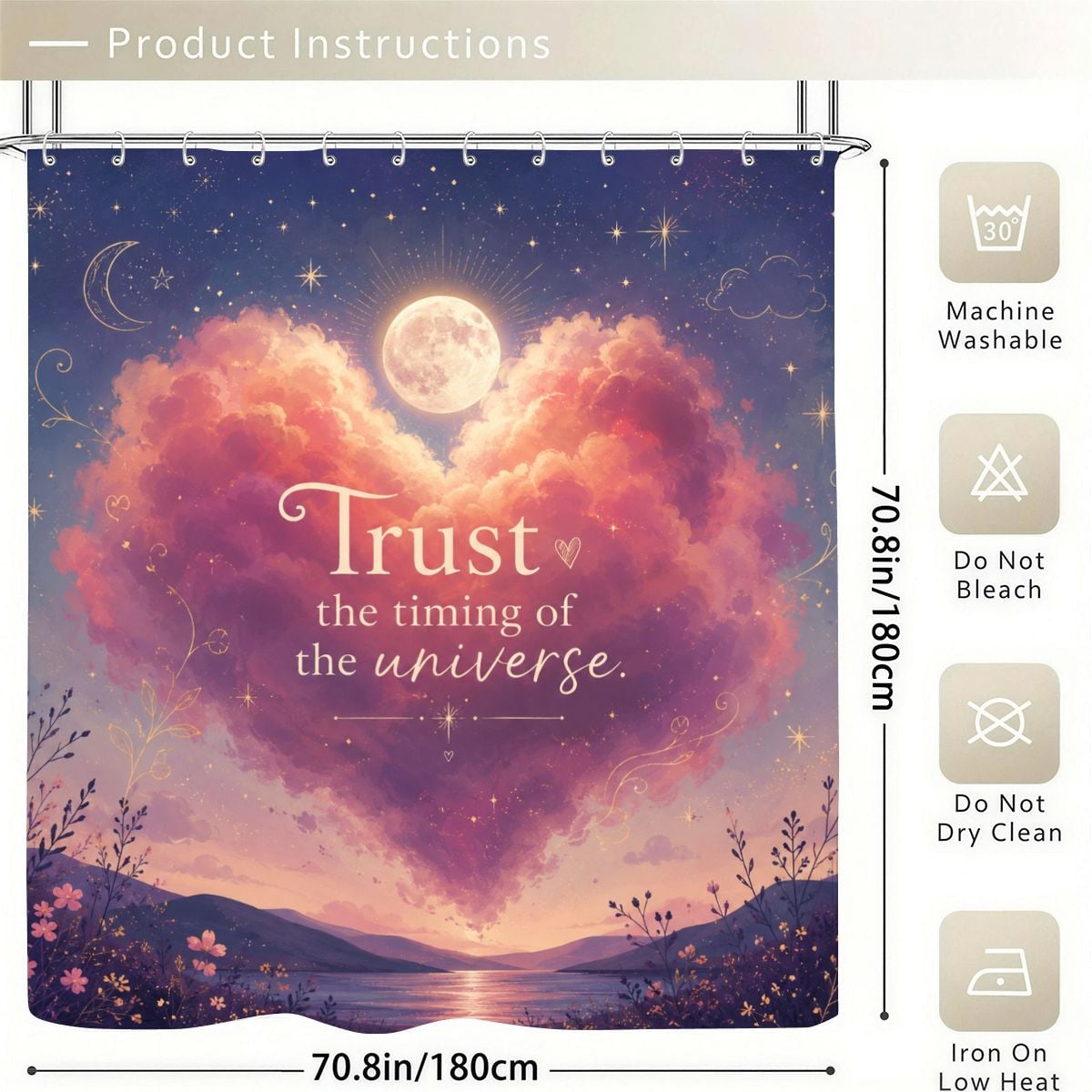 Pink heart-shaped cloud shower curtain with moon and 'Trust the timing of the universe' text.
