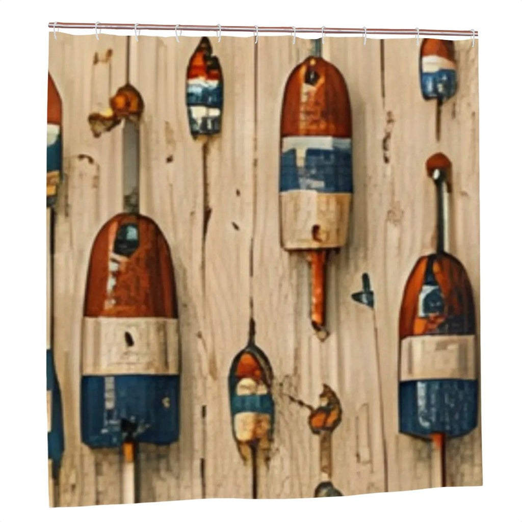 Rustic wooden shower curtain featuring colorful vintage oars on a weathered wood background.