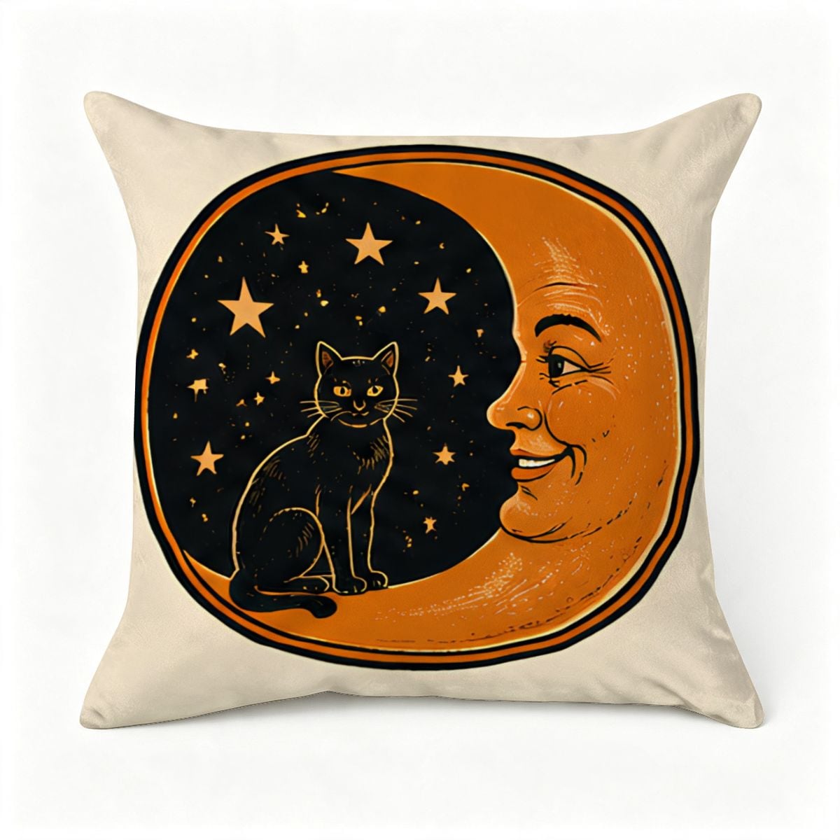 Decorative throw pillow featuring a black cat sitting on a crescent moon with a face and stars.