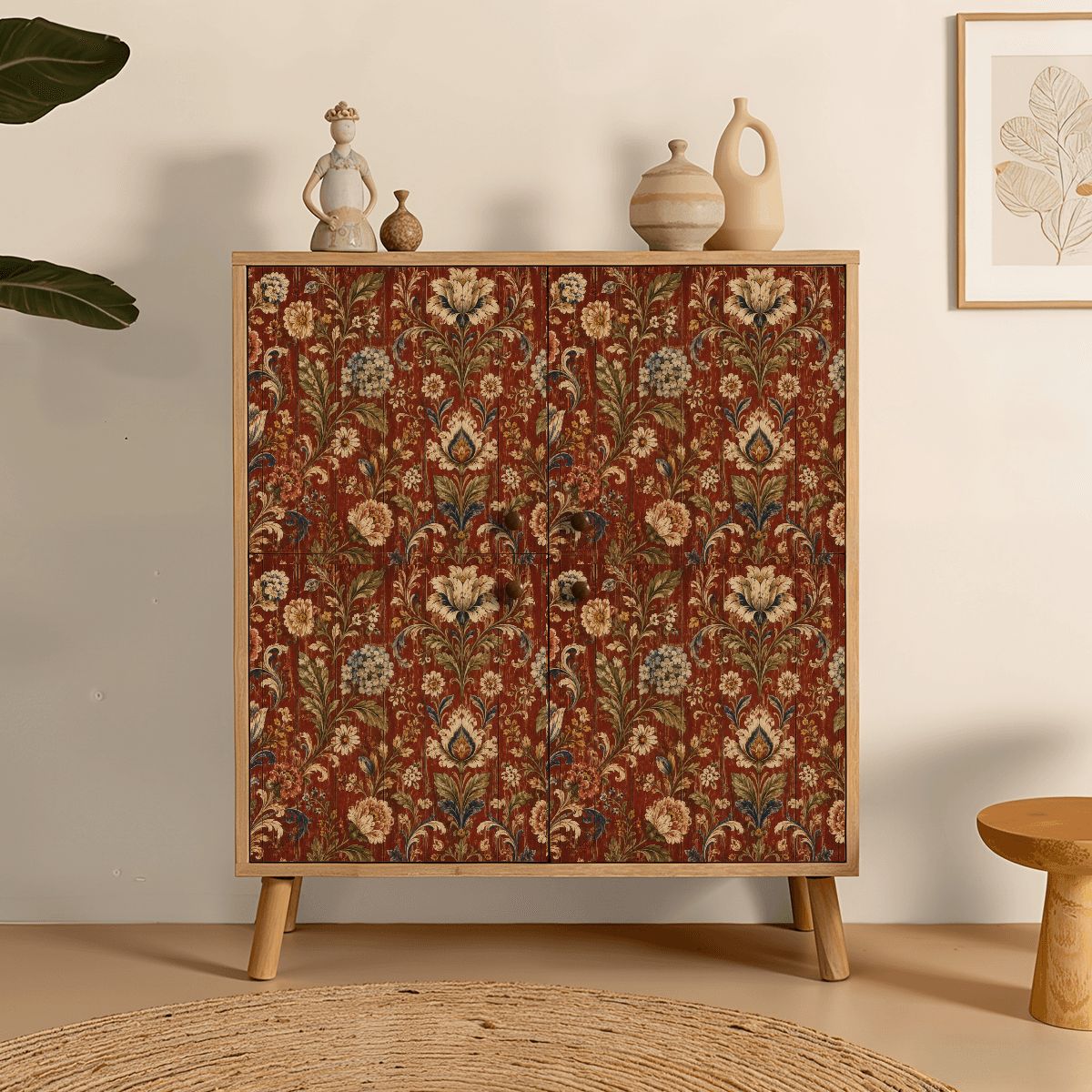 Wooden cabinet with vintage red floral pattern and mid-century modern legs.