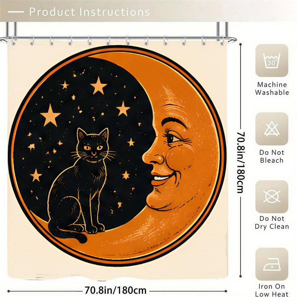 Orange crescent moon with a face and a black cat sitting among stars on a shower curtain.